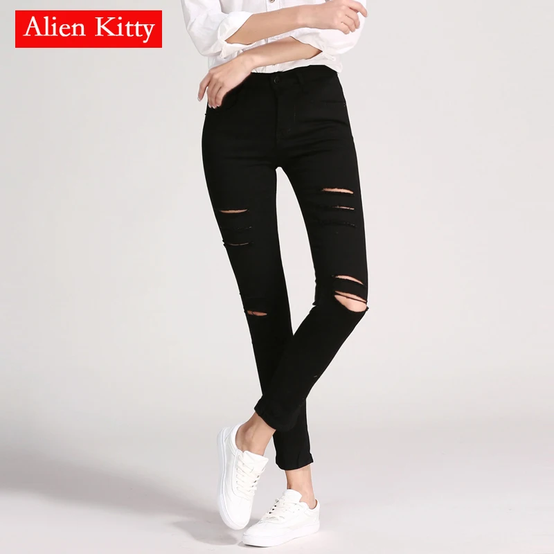 Женские джинсы карандаш Alien Kitty черные с дырками на осень 2019|pencil jeans women|jeans womanpencil |