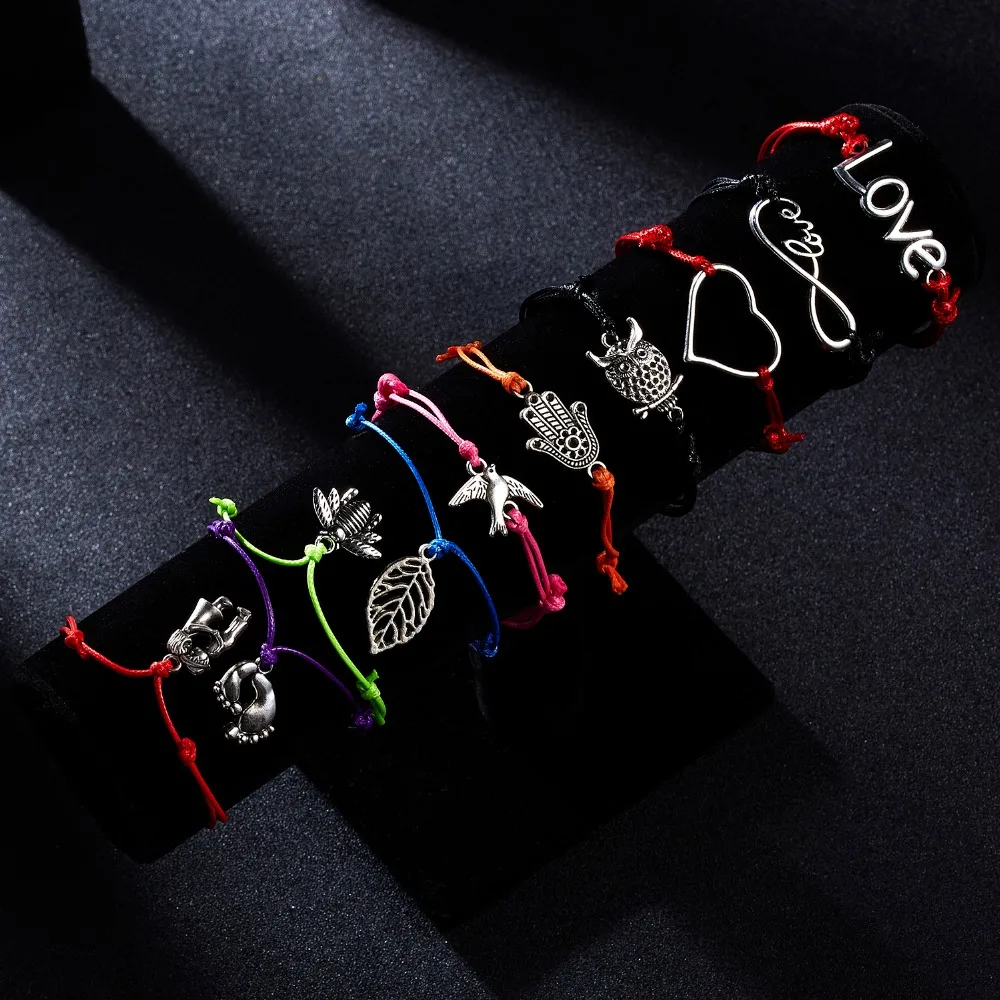 

11 Styles Adjustable Bracelets Love Heart Baby Feet Boys Girls Owl Leaf Charm Bracelet with Card Friendship Lover's Couple Gift
