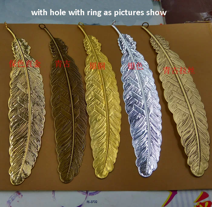 10pcs 110*24mm Alloy Feather Bookmark with hole ring Charms/Pendant Copper 7 colors for choose DIY Handmade Jewelry Finding