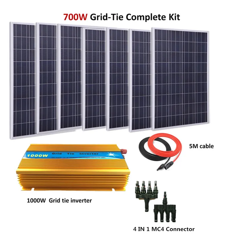 

700w Grid tie 7pcs 100w Poly solar panel home system kit with 1000W Grid Tie Inverter Complete 700W Grid Tie solar power system
