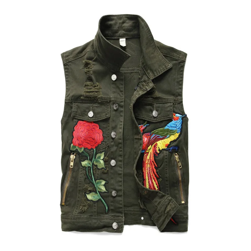

Floral Embroidery Denim Vest With Many Pockets Slim Mens Vests Male Biker Motorcycle Army Green Sleeveless Jeans Coats DS50548