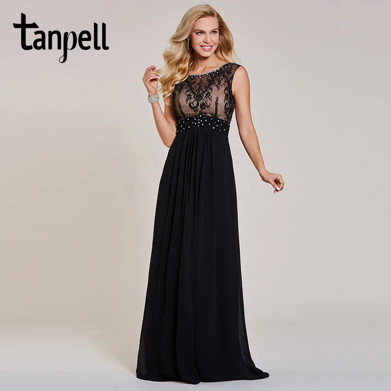 

Tanpell beaded long evening dresses black scoop cap sleeves floor length a line gown cheap women lace prom formal evening dress