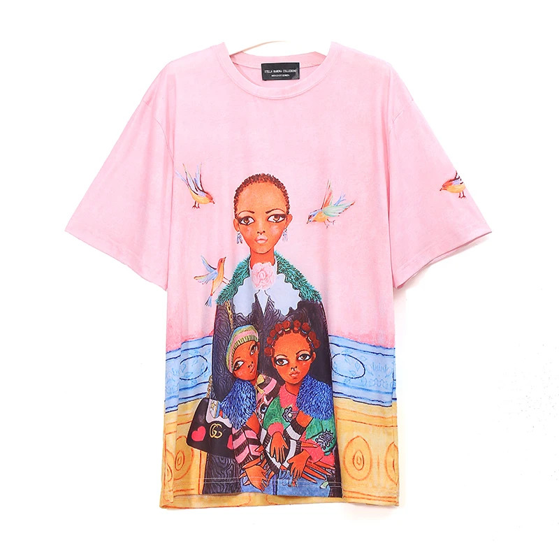 New 2018 Women Pink Color Tee Top Big Size Loose T-Shirt Half Sleeve Cartoon Printed Girls Casual Street Wear T Shirt Style 3338 | Женская