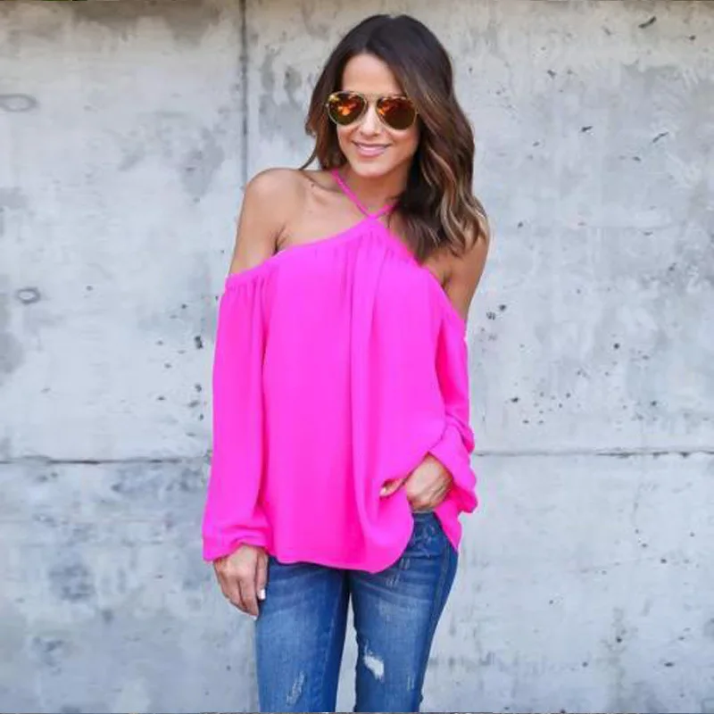 2017 Новая мода Летняя блузка пикантные однотонные Цвет с открытыми плечами Топы корректирующие Холтер