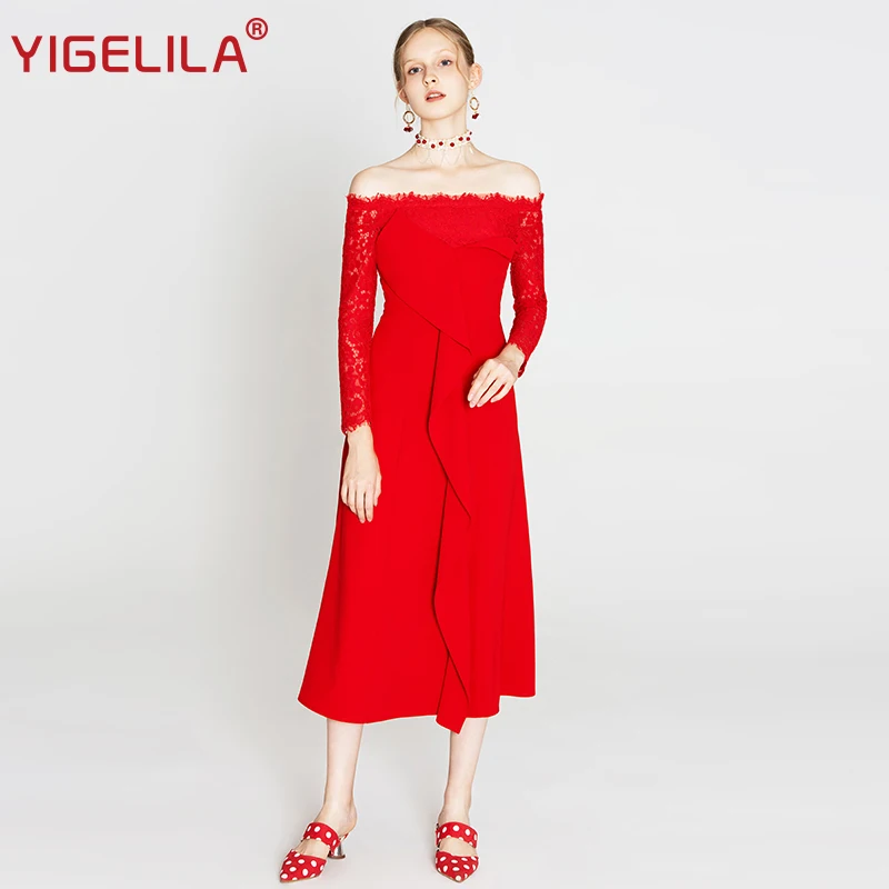 YIGELILA Fashion Women Red Party Dress Autumn Slash Neck Off Shoulder Full Sleeve Empire Slim Ankle Length Lace Long Dress 64235