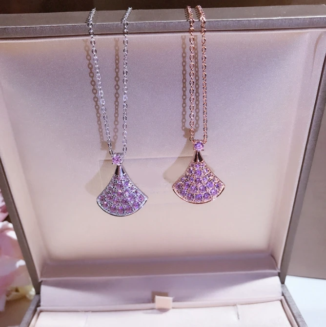 Hot 100% Original 925 Sterling Silver Romantic Fashion Women Necklace Jewelry AAAAA Zircon Fan Shape Pendant | Украшения и