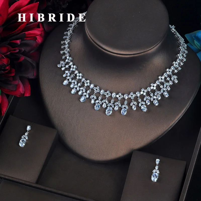 

HIBRIDE Clear Water Drop Pear Cut Cubic Zircon Bridal Jewelry Set Parure Bijoux Femme Mariage Luxury Jewelry N-613