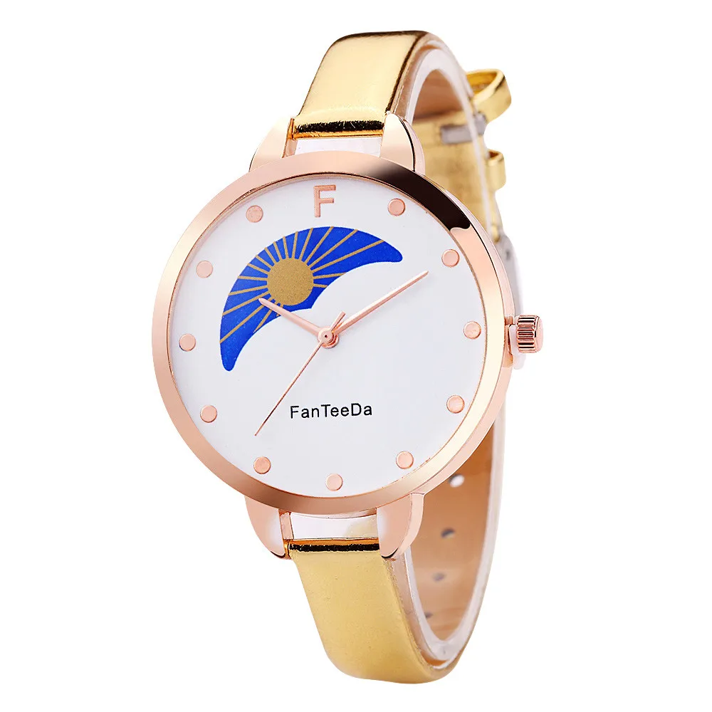 FanTeeDa relogio feminino Sun and moon Аналоговый Кожаный ремешок кварцевые наручные часы женские