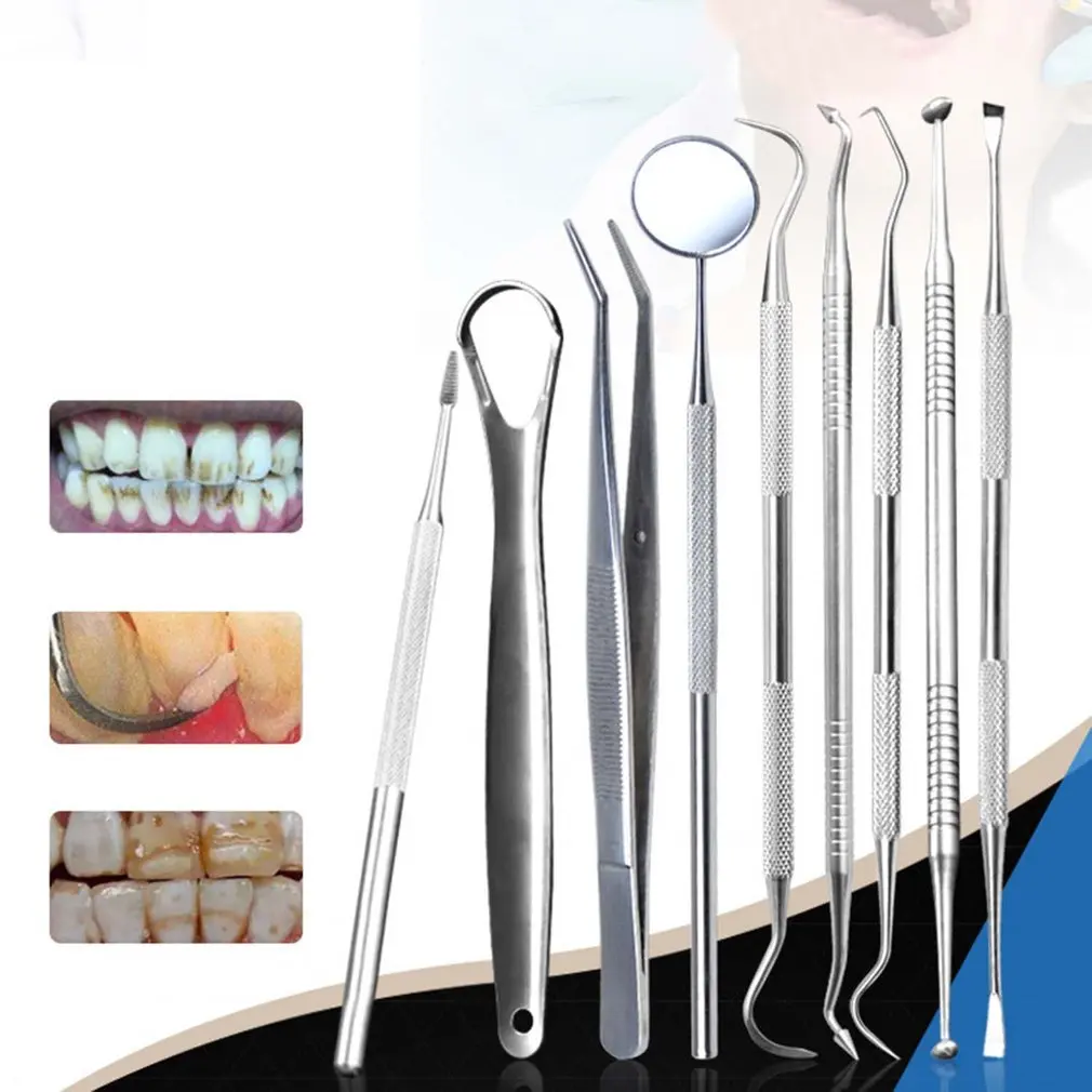 9 pcsdental нержавеющая сталь стоматолог инструменты для зубного камня зеркало зонд для чистки зубов удаление зуба