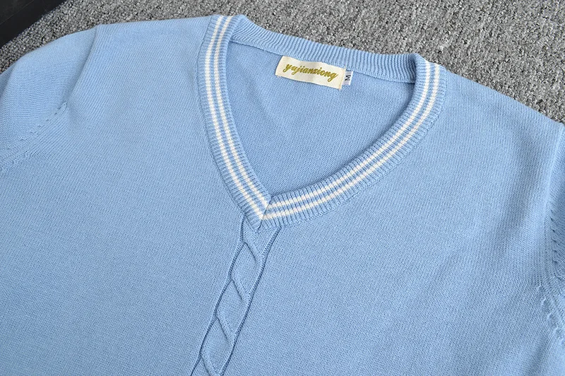 Japanese JK pullovers sweater water blue white bar V neck long sleeve uniforms Center twist decoration | Женская одежда