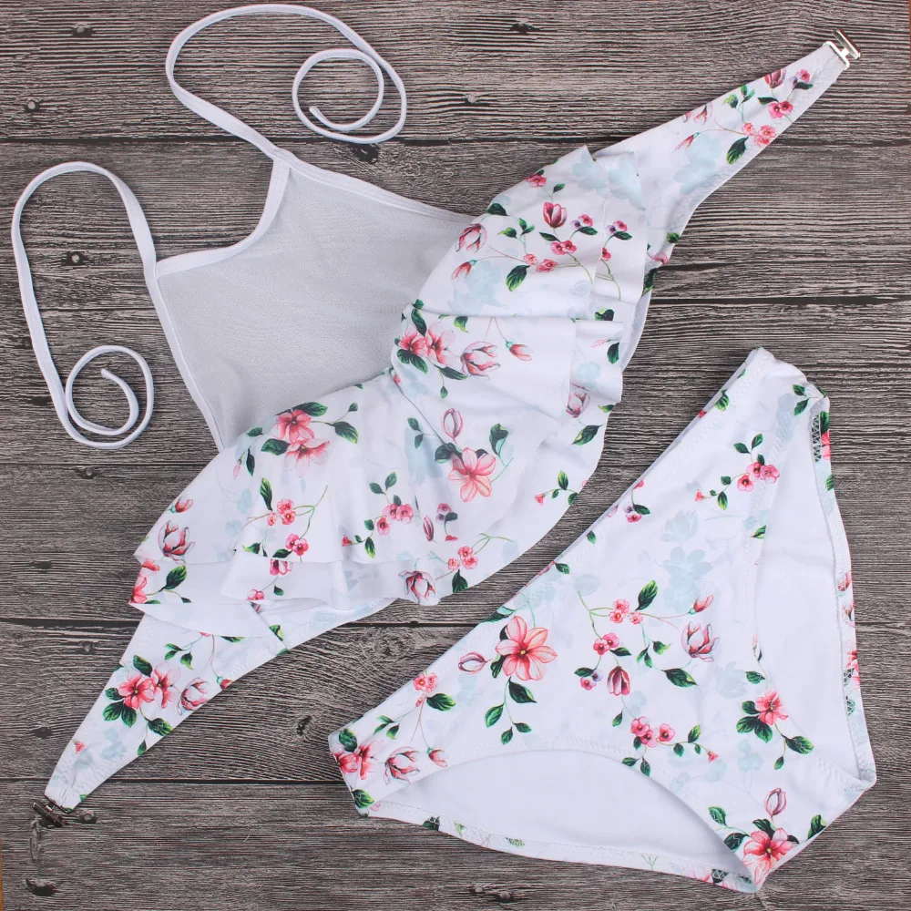 Женский сетчатый купальник-бикини с высокой горловиной и оборками Цветочный