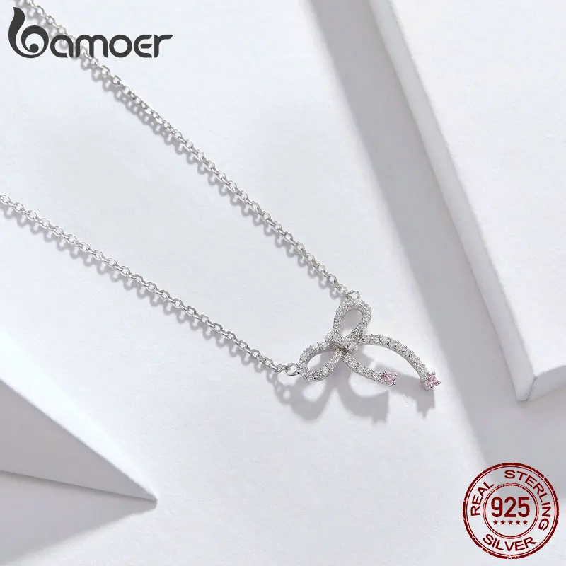 BAMOER, романтическое 925 пробы, серебряное, светящееся, бант, форма, прозрачный кубический циркон, женские ожерелья, женская мода, ювелирное изделие, BSN040