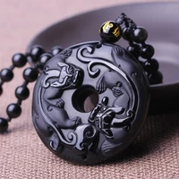 drop shipping natural black obsidian stone pendant carved circle pixiu chinese dragon pendant necklace men crystal jewelry
