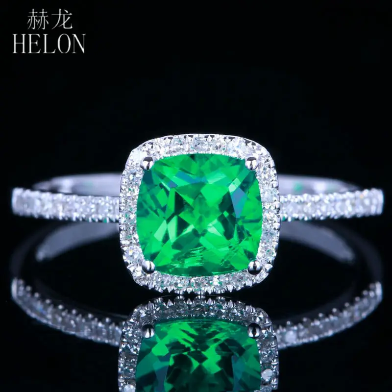 HELON 6x6 мм Подушка 0.8ct обработанный изумруд Твердые 10 к белые золотые бриллианты кольцо алмазное обручальное свадебное кольцо для женщин ювелирные изделия