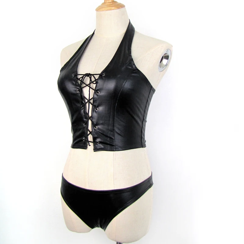 

Women Faux Leather Halter Bras G-string Lingerie Sets Bandage Nightwear Black Bra Brief Sets 2018 Hot