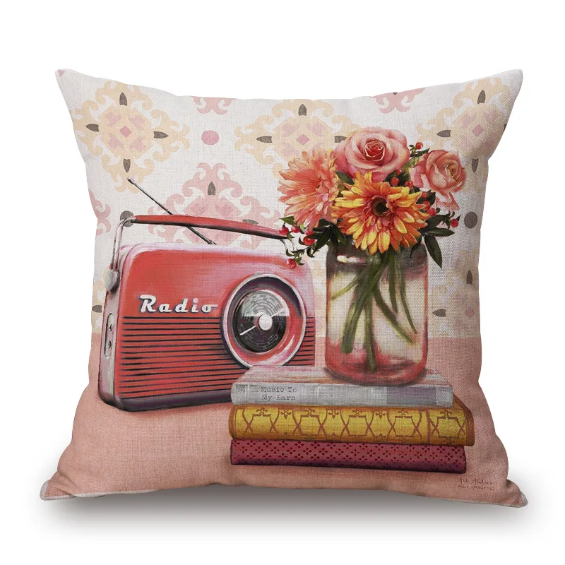 Подушка в винтажном стиле с рисунком льняная хлопковая декоративная