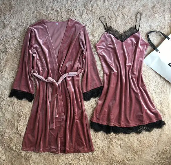 

Fdfklak 2 Pieces Robe Set Autumn Winter Robes Women Gold Velvet Sleepwear for Women Sexy Lace Ladies Bathrobes Dressing Gowns