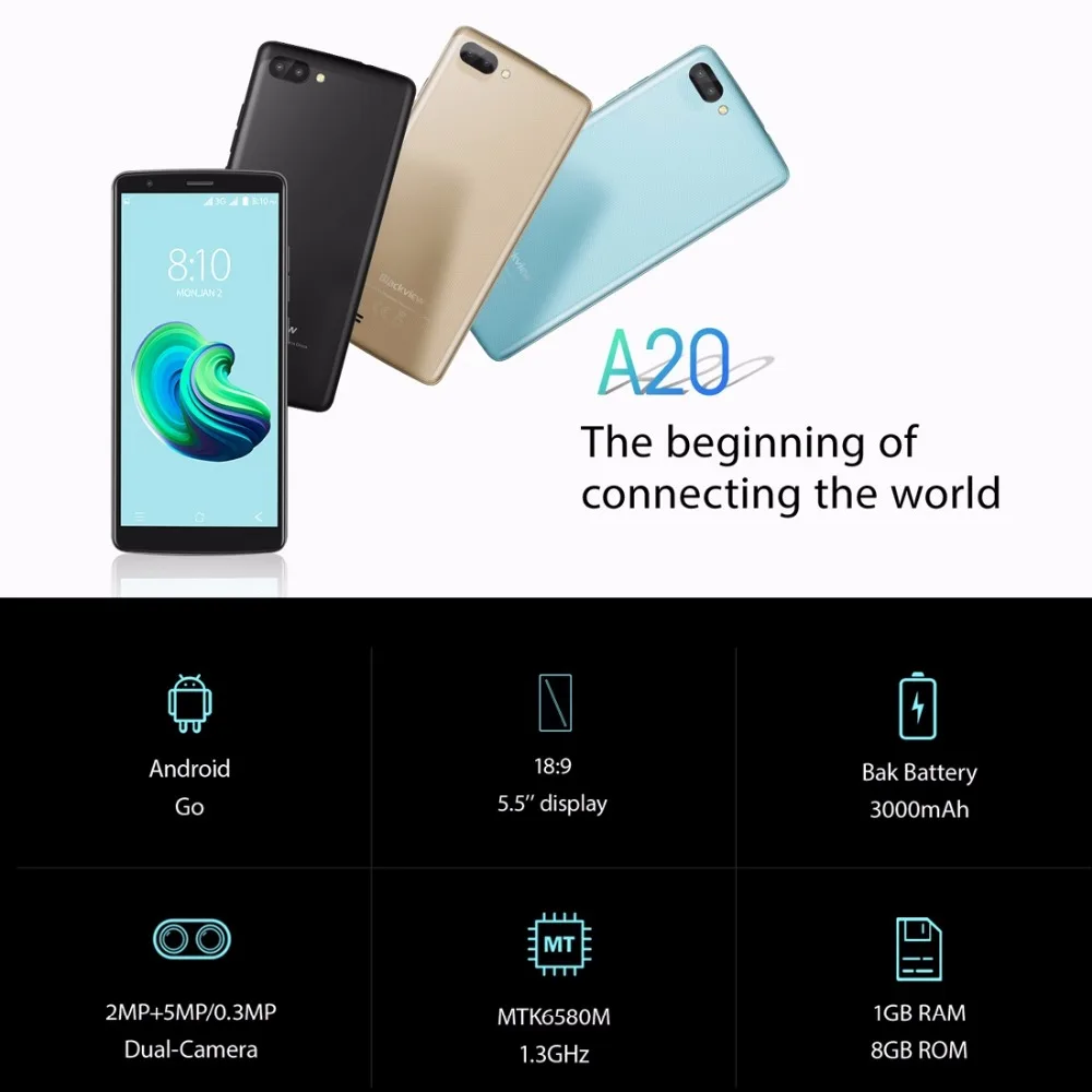 Новый BLACKVIEW A20 Смартфон Android Go 5 &quot18:9 ips MTK6580M четырехъядерный мобильный телефон