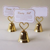 free shipping 100pcs heart kissing bell place card photo holder bridal wedding metal heart shape golden silver color