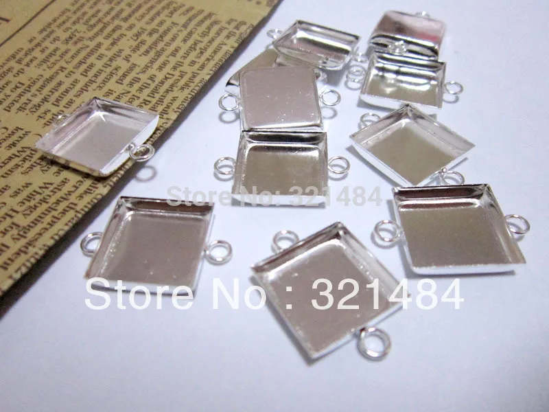Silver Plated 16mm Cabochon Setting Square Pendant Tray, Bezel Pendant Blank w/ double Loops,Pendant Base