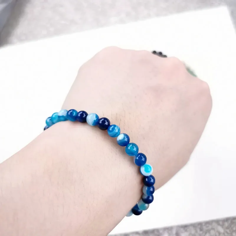 Blue agate Минималистичный 6 мм натуральный браслет для женщин и мужчин тигровый глаз розовый кристалл вулканический каменный Агат из бисера Йога стрейч браслеты - Окраска металла: Blue agate