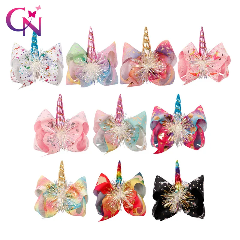 

CN 7" Kids Hair Clips Shiny Rainbow Print Hair Bows Horn Large Hairpins For Hair Hairgrips Hair Accessories