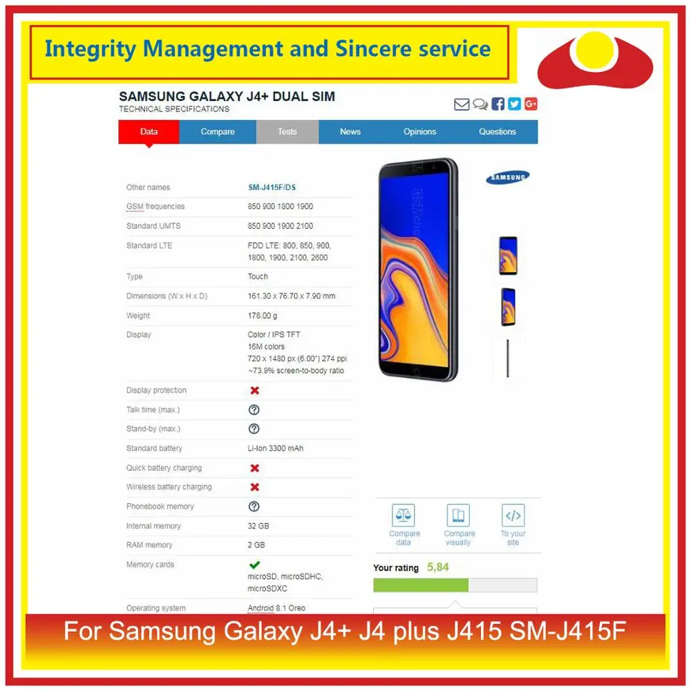 10 шт./лот Оригинальный Для samsung Galaxy J4 + Plus J415 J415F ЖК дисплей с сенсорным экраном