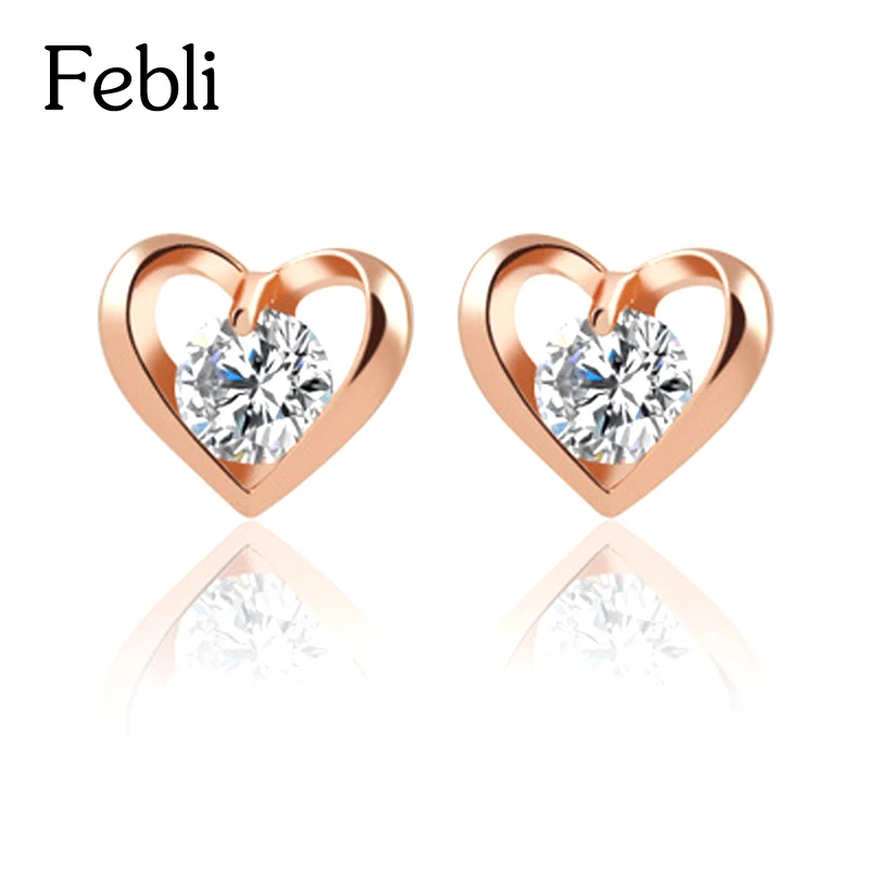 Febli Romantic Flower Heart Crystal Stud Earrings Alloy Silver Color Design Zircon Fashion Jewelry For Women | Украшения и