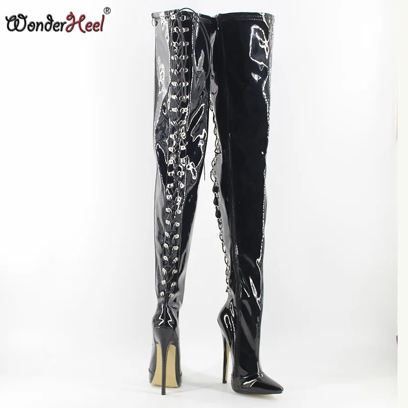 Wonderheel/черные сапоги ботфорты на очень высоком каблуке 18 см с острым носком со