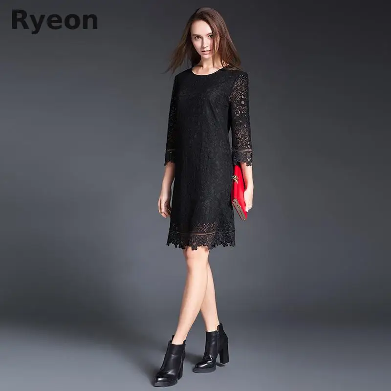 Ryeon Vintage Black Lace Dress A Line Solid Three Четверти Ни колен Регулярное Natural O образным Вырезом