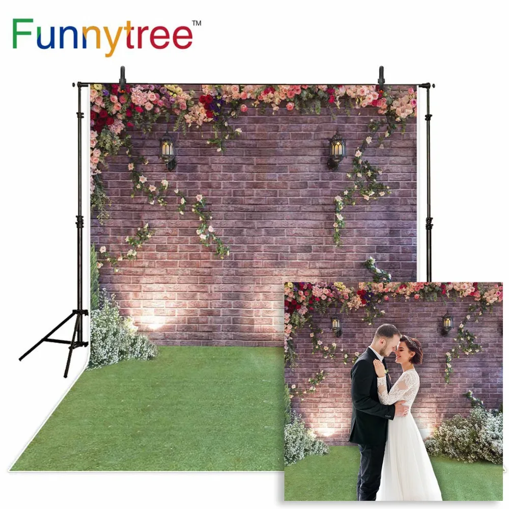 

Funnytree background for photo studio spring flower wedding vintage brick wall green grass floor backdrop photobooth photocall