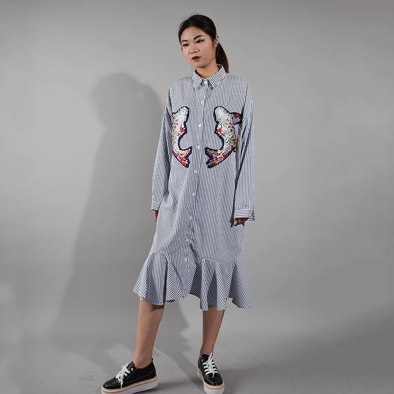 Женское платье в полоску XITAO весеннее до середины икры с длинным рукавом и