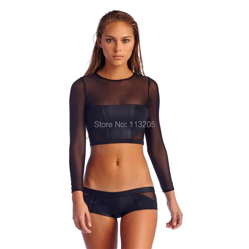 Черный сетчатый купальник с длинными рукавами женский бикини топ коротким низом