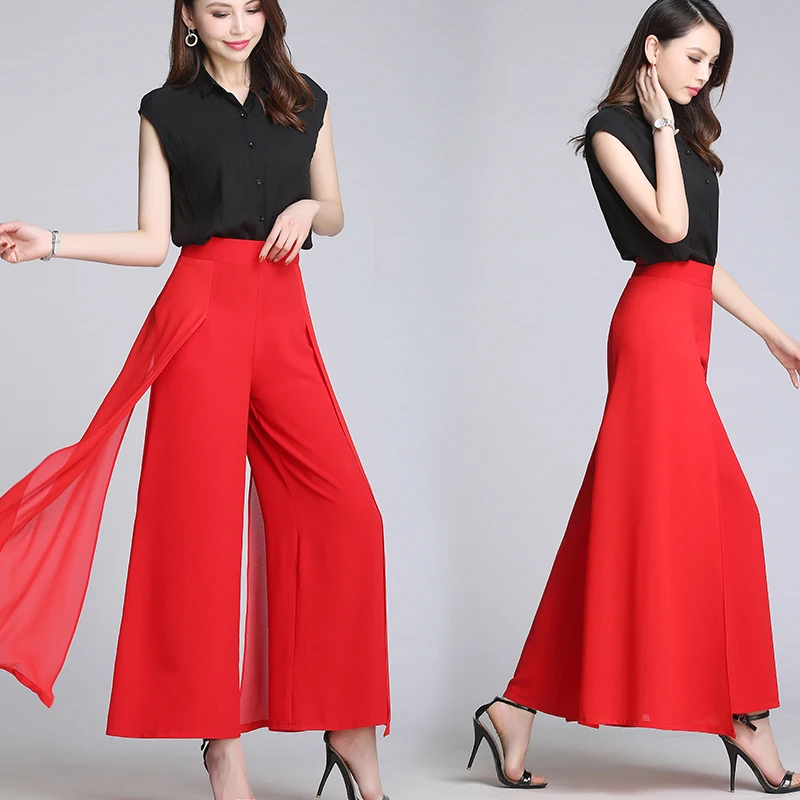 

chiffon women pants ankle length loose false 2 pieces black white solid straight wide leg office lady elegant pants top quality