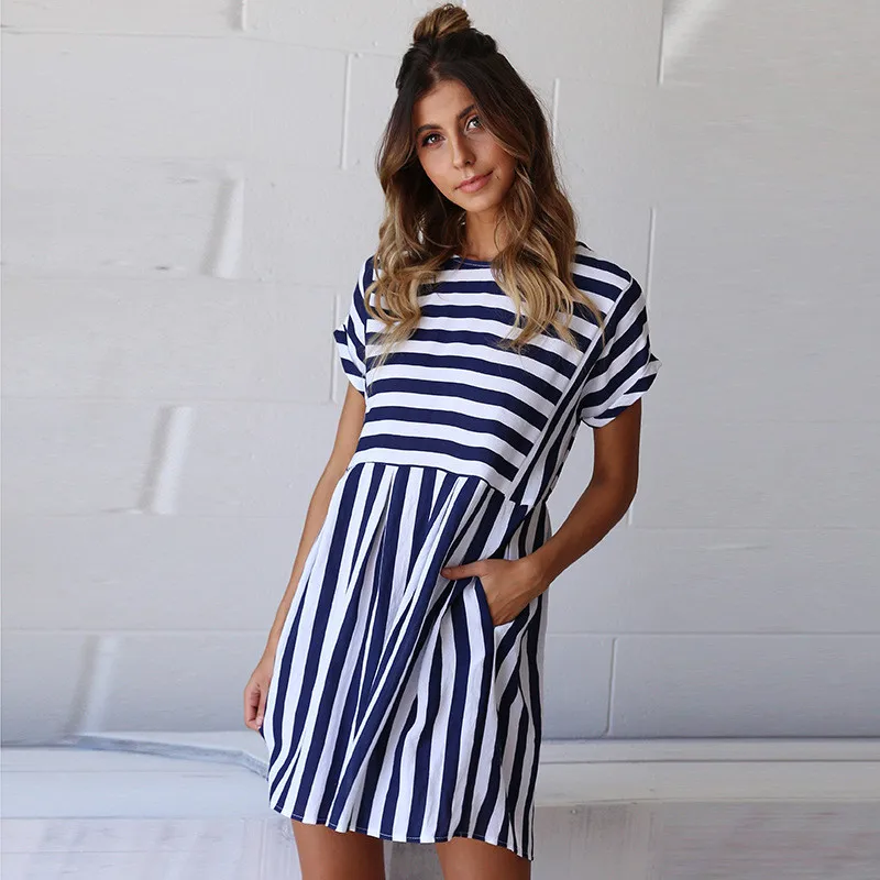 

Summer new women dress sexy stitching striped round neck slim women's dresses two color are available