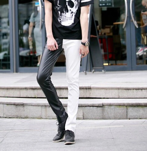 Мужские кожаные брюки для ночного клуба черные белые смешанные цвета | Мужская