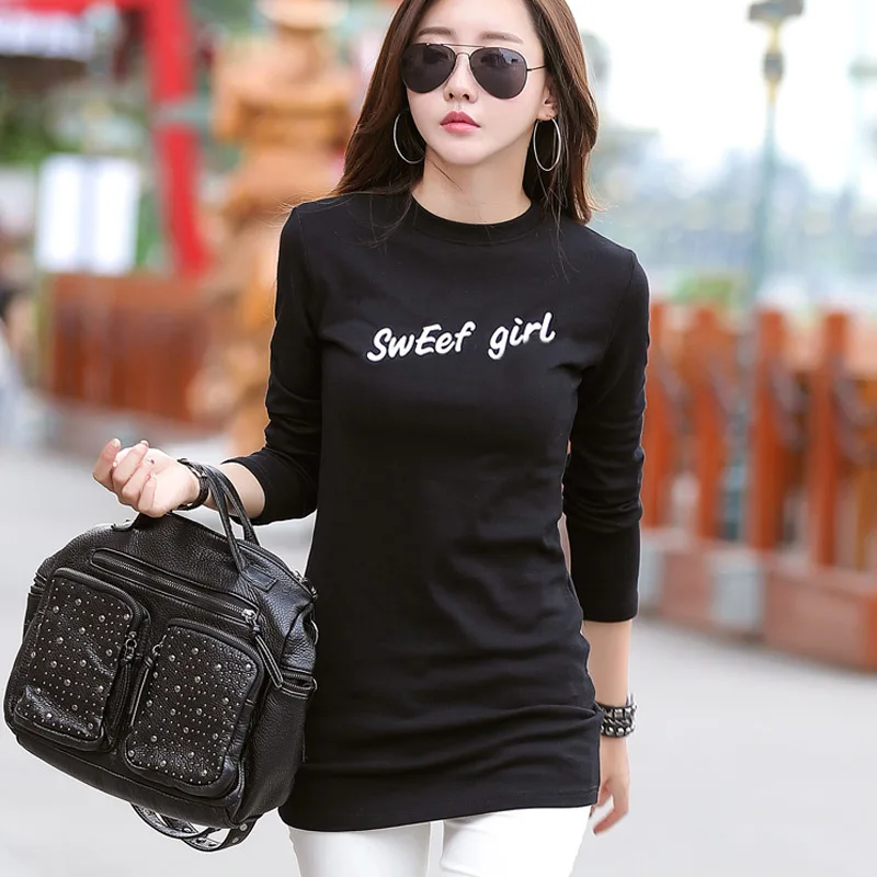 Half Turtleneck Black Long Sleeve Tshirt Woman Fall Winter Thicken Warm Embroidery Letters T-shirts Plus Velvet 2947LY | Женская одежда