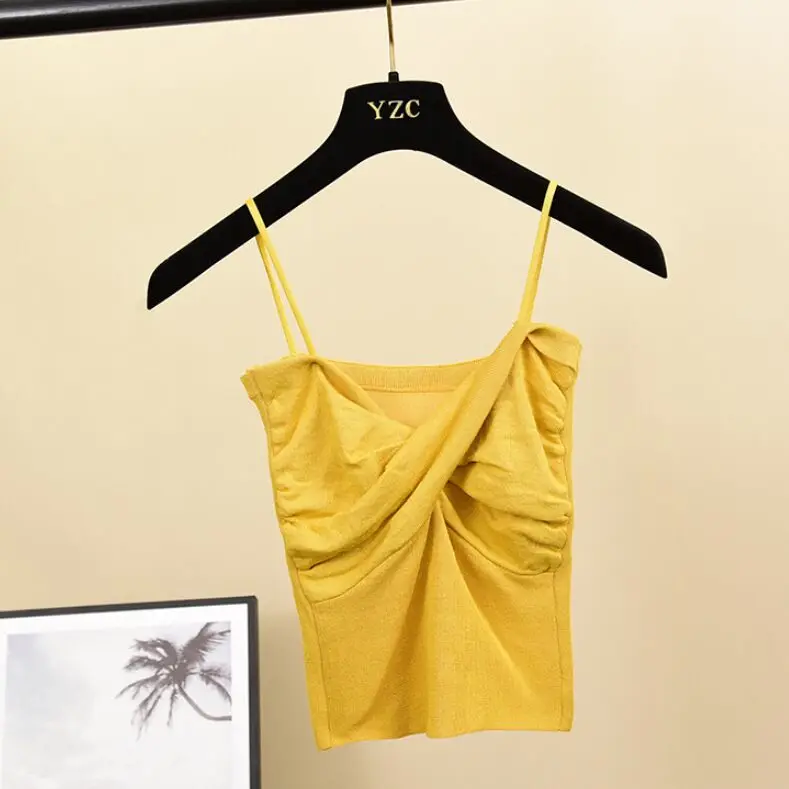 yellow Трикотажные топы для девочек с витой горловиной, Короткие топы, рубашки без рукавов, женские эластичные майки, топы для женщин - Цвет: yellow