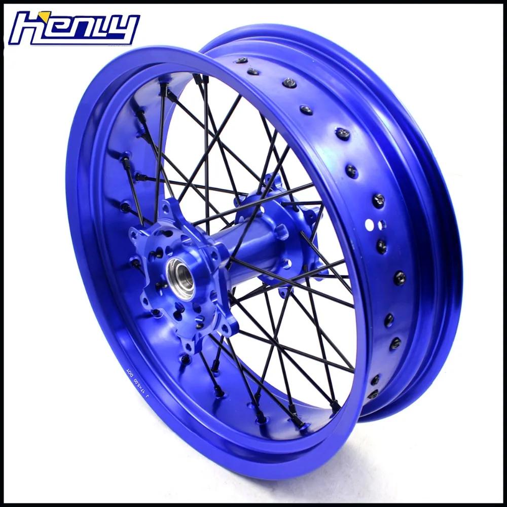 3,5/4,25 супермото колеса Supermotard диски набор для YAMAHA YZ250F 2001- YZ450F 2003- синий обод черная накладка на соски