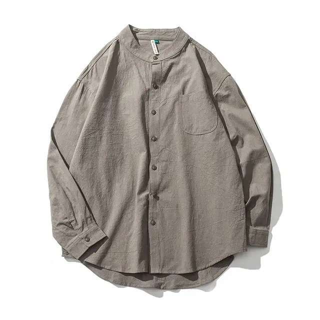 Dark Green Льняная мужская рубашка с длинным рукавом и стоячим воротником, высокое качество, драповая ткань, Весенняя однотонная черная белая летняя рубашка - Цвет: Dark Green