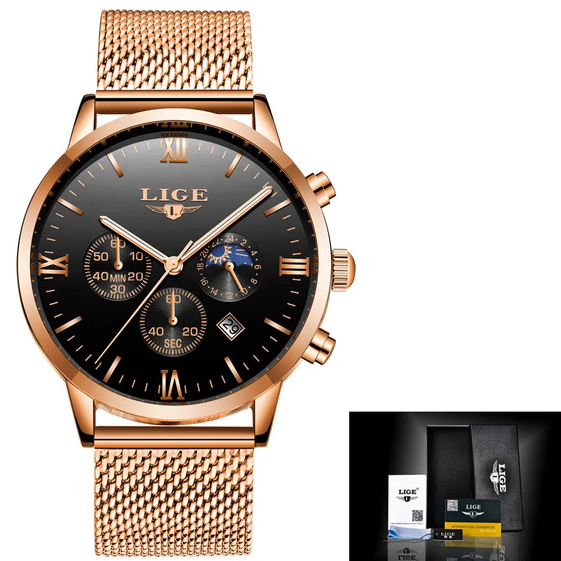 rose gold black M Relogio Masculino мужские часы Лидирующий бренд LIGE Роскошные Бизнес Кварцевые часы для мужчин стальной сетчатый ремешок повседневные водонепроницаемые спортивные часы - Цвет: rose gold black M