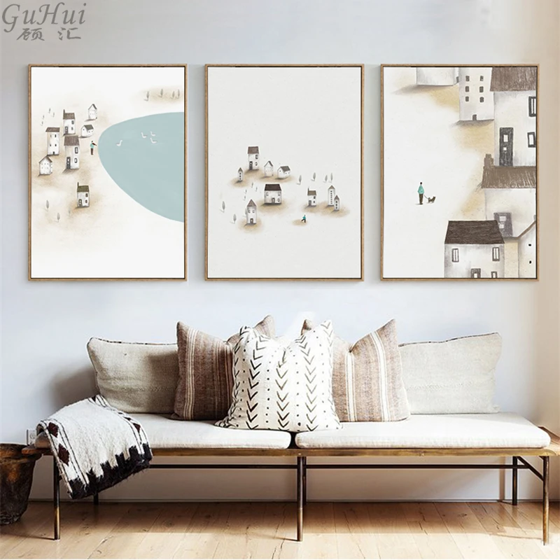 Minimalist Hand Painted Chinese Village House Building Canvas Painting Home Room Wall Pictures Decorative Landscape Posters | Дом и сад