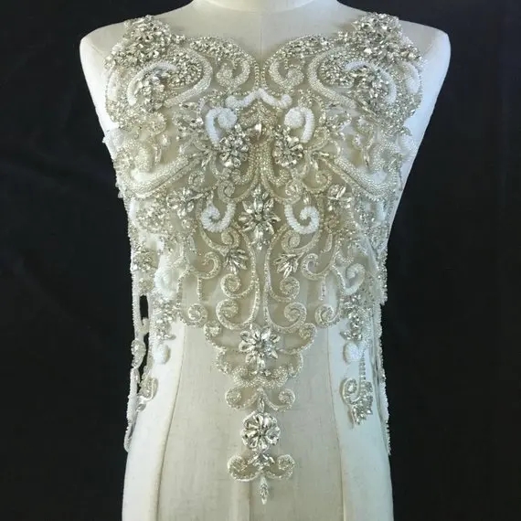 

large Rhinestone Bodice Applique For Bridal Dress African Lace Hand Beading Rhinestone Patch Haute Couture 2020