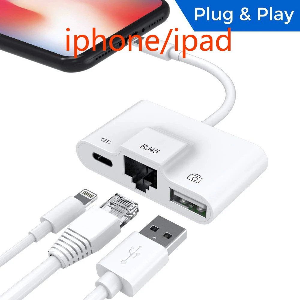 Адаптер для Lightning RJ45 Ethernet LAN Проводная сеть iPhone/iPad все серии с зарядкой и OTG USB 3 0