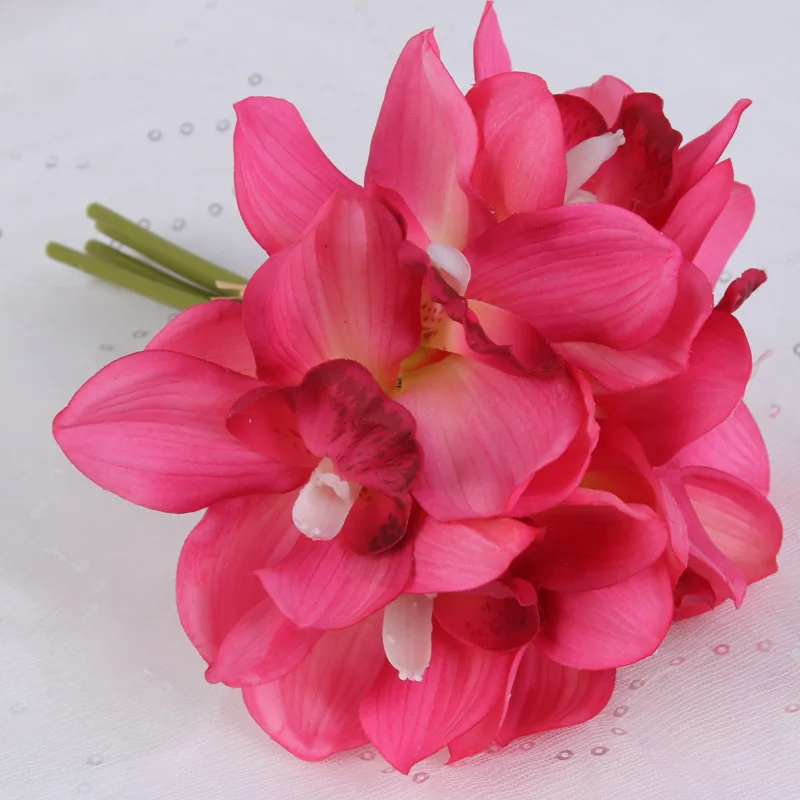 Красный Настоящее прикосновение cymbidium 6 головок короткая съемка украшение стола цветок DIY Свадебные невесты ручной цветы домашний декор искусственная Орхидея - Цвет: Красный