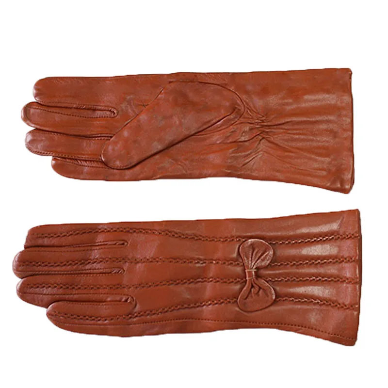 Leather gloves women's sheepskin gloves long stripe style plus velvet warm autumn and winter windproof gloves free shipping