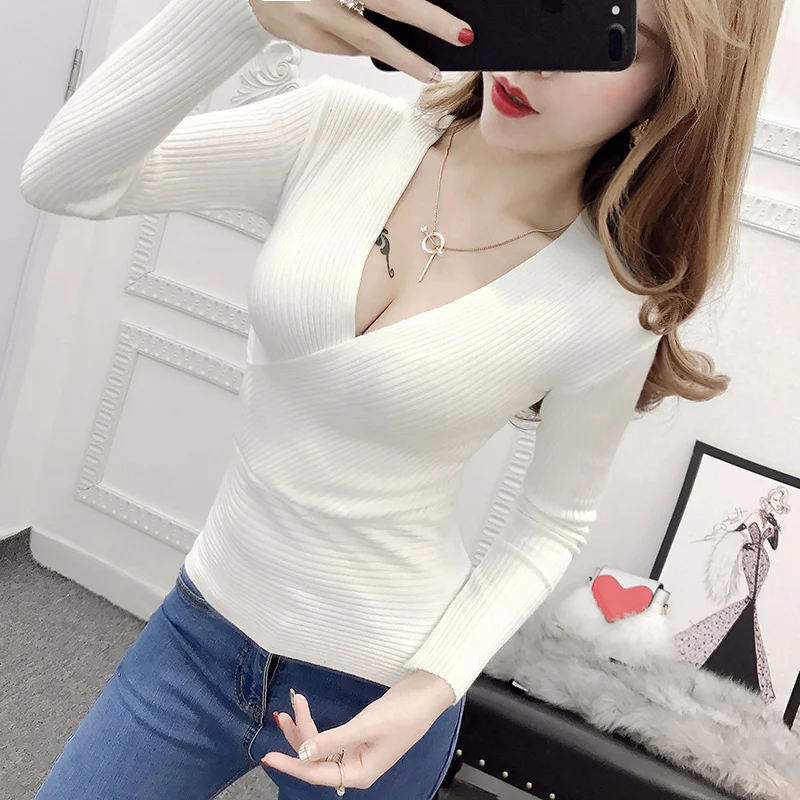 AOSSVIAO 2021 Spring High Elastic Knitted Sweater Woman Sexy V-Neck Women Sweaters And Pullovers Korean Long Sleeve Pull Femme | Женская
