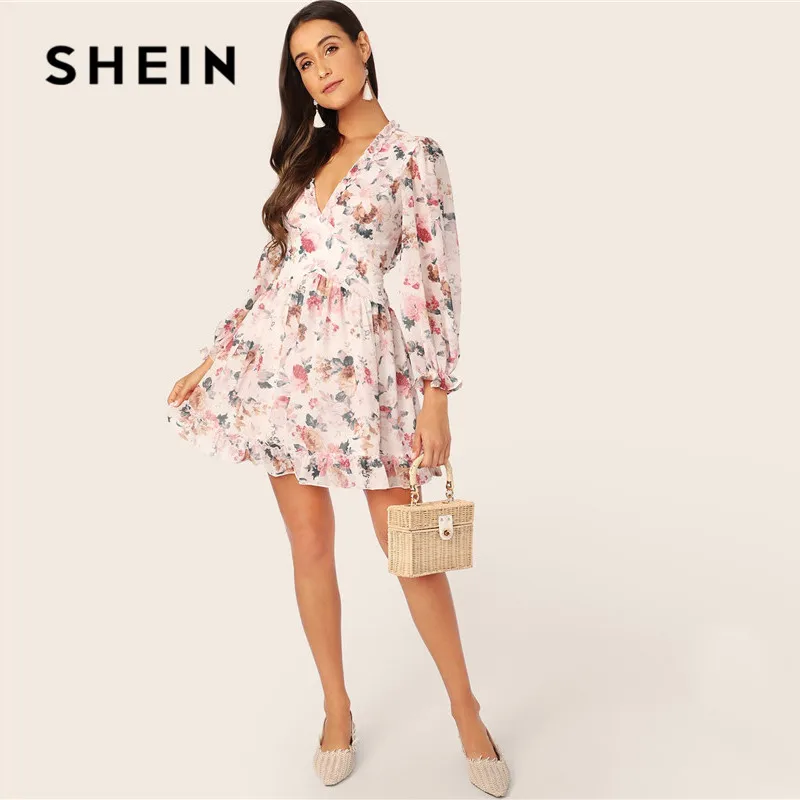 SHEIN модное платье с оборками на шее и цветочной отделкой, женское платье с открытой спиной, мини-платье с рукавом Бишоп, шифоновое весенне-летнее платье с высокой талией