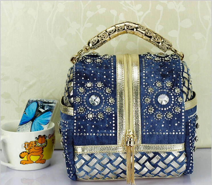 Spring and summer denim bag big diamond skull hand woven tassel handbag shoulder messenger | Багаж и сумки