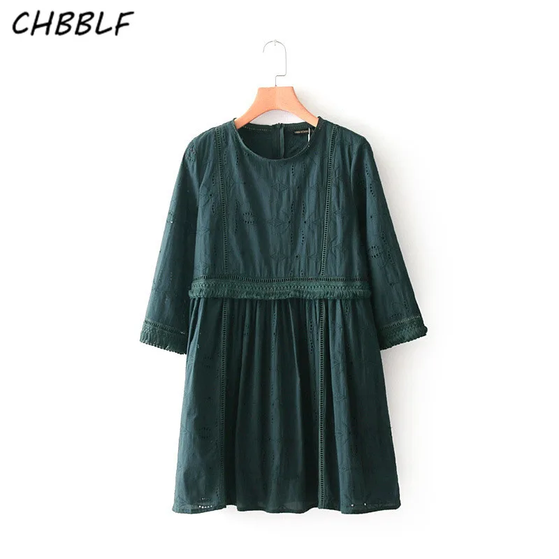 CHBBLF retro pleated dress three quarter sleeve female embroidery mini green dresses vestidos XDN9232 | Женская одежда